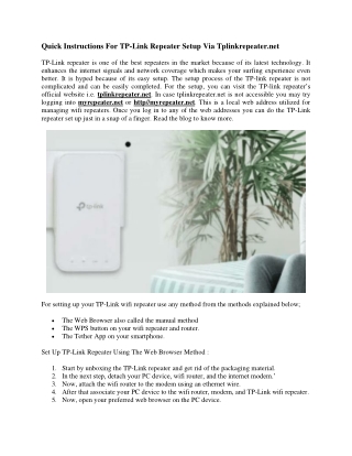 Quick Instructions For TP-Link Repeater Setup Via Tplinkrepeater.net