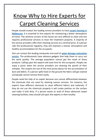 Know Why to Hire Experts for Carpet Cleaning Services