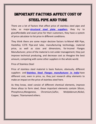 Important Factors Affect Cost Of Steel Pipe and Tube