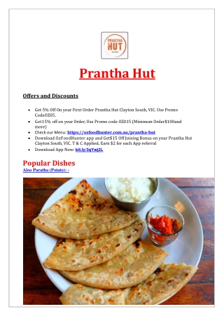 5% off - Prantha Hut Indian Restaurant Clayton South, VIC