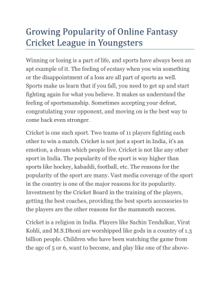 Growing Popularity of Online Fantasy Cricket League in Youngsters