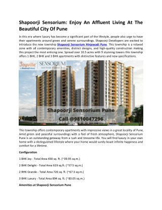 Shapoorji Sensorium - Enjoy An Affluent Living At The Beautiful City Of Pune