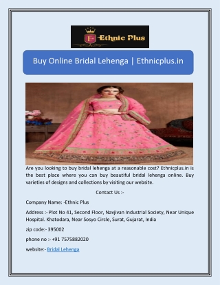 Buy Online Bridal Lehenga | Ethnicplus.in