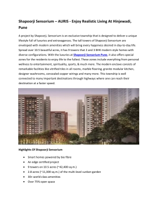 Shapoorji Sensorium – AURIS - Enjoy Realistic Living At Hinjewadi, Pune