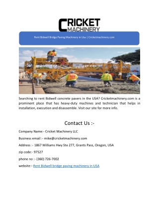 Rent Bidwell Bridge Paving Machinery in Usa | Cricketmachinery.com