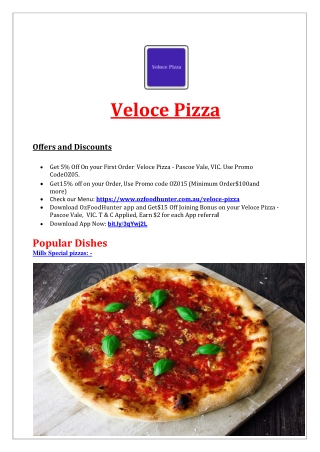 5% Off - Veloce Pizza Menu Pascoe Vale, VIC