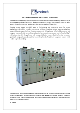 Let’s Understand About LT and HT Panels  Pyrotech India