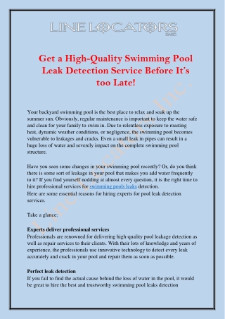 High-Quality Swimming Pool Leak Detection Service By Line Locators Inc