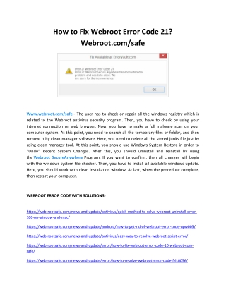 Resolve Webroot.com/safe Antivirus Error Code 21