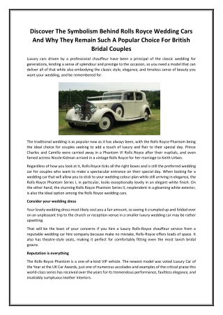 Discover The Symbolism Behind Rolls Royce Wedding Cars And Why They Remain Such A Popular Choice For British Bridal Coup