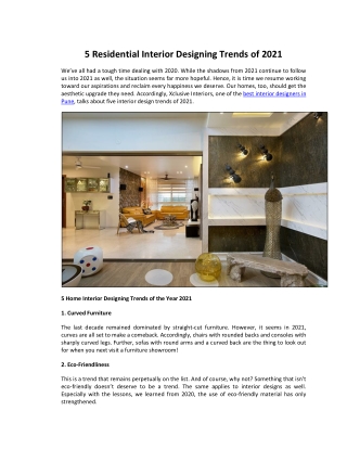 5 Residential Interior Designing Trends of 2021