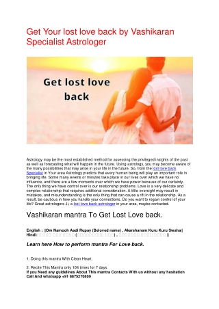 Get Your lost love back by Vashikaran Specialist Astrologer