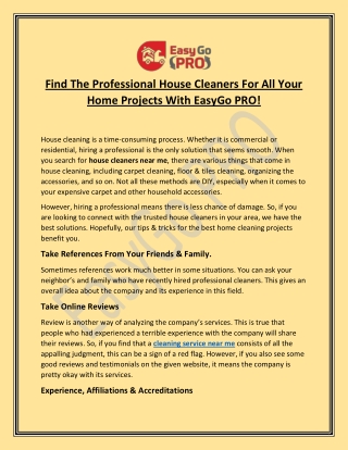 Find The Professional House Cleaners For All Your Home Projects With EasyGo PRO!