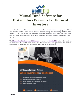 Mutual Fund Software for Distributors Prevents Portfolio of Investors