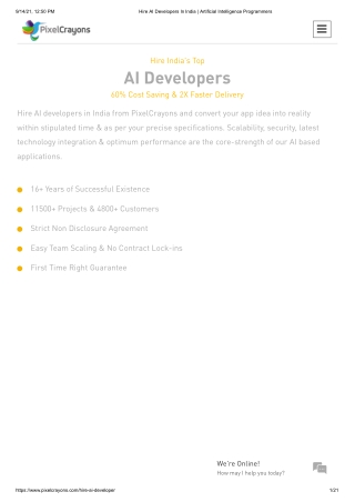 Hire AI Developers In India | Artificial Intelligence Programmers PixelCrayons