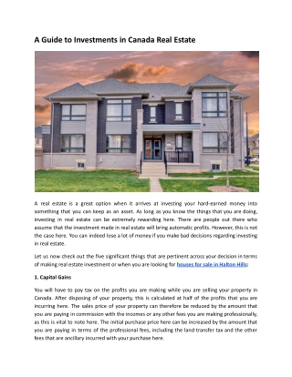 A Guide to Investments in Canada Real Estate