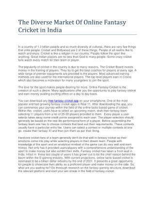 The Diverse Market Of Online Fantasy Cricket in India