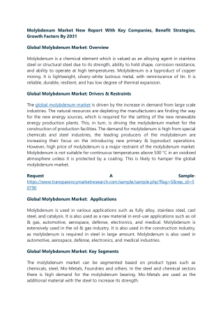 Molybdenum Market New Report With Key Companies, Benefit Strategies, Growth Fact