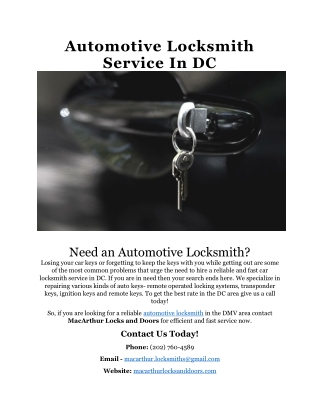 Automotive Locksmith Service In DC