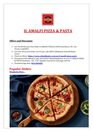 5% Off - IL AMALFI PIZZA & PASTA Hawthorn Menu, VIC