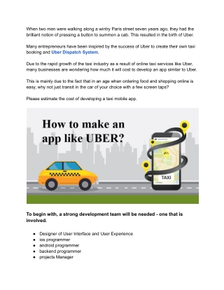 How Much does it Cost to Develop an Uber like Taxi Booking and Dispatch System App