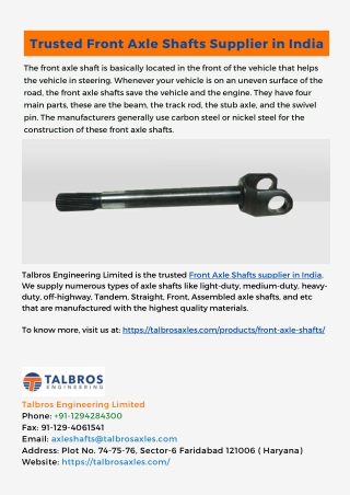 Trusted Front Axle Shafts Supplier in India