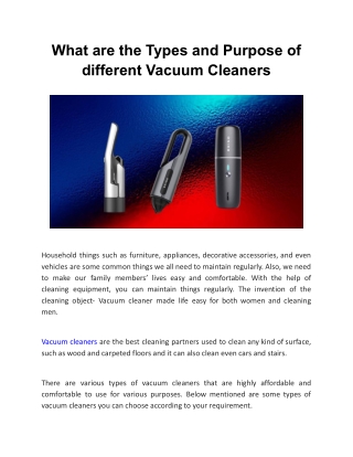 What are the Types and Purpose of different Vacuum Cleaners