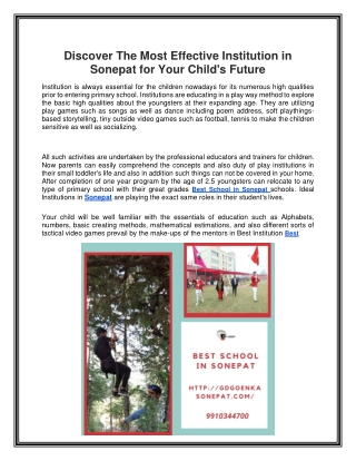 Discover The Most Effective Institution in Sonepat for Your Child's Future