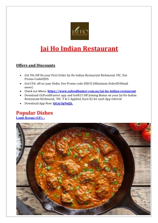 5% off - Jai Ho Indian Restaurant Menu Richmond , VIC