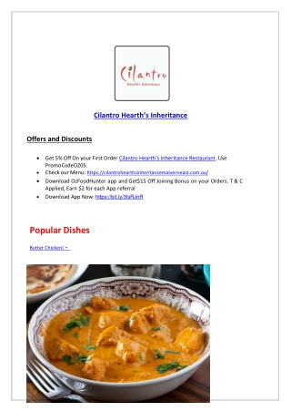 5% Off - Cilantro Hearth's Inheritance Indian Restaurant, VIC
