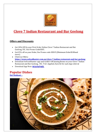 20% Off - Clove 7 Indian Restaurant and Bar Geelong Menu, VIC
