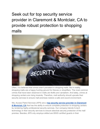 Seek out for top security service provider in Claremont & Montclair, CA to provide robust protection to shopping malls