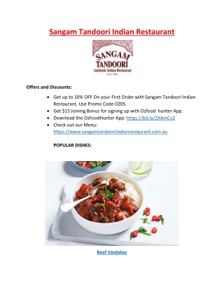 10% off - Sangam Tandoori Indian Restaurant Williamstown, VIC