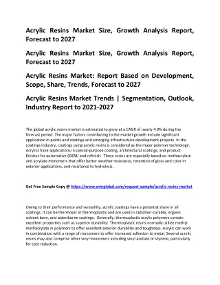 Acrylic Resins Market Size, Growth Analysis Report, Forecast to 2027
