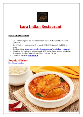 10% Off - Lara Indian Restaurant Takeaway Menu, VIC