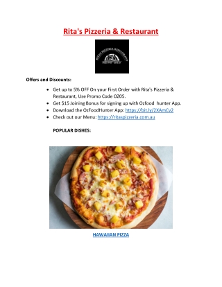 5% off - Rita's Pizzeria Chirnside Park Restaurant Menu, VIC