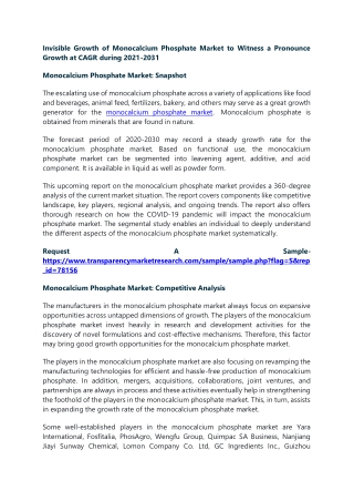Invisible Growth of Monocalcium Phosphate Market to Witness a Pronounce Growth a