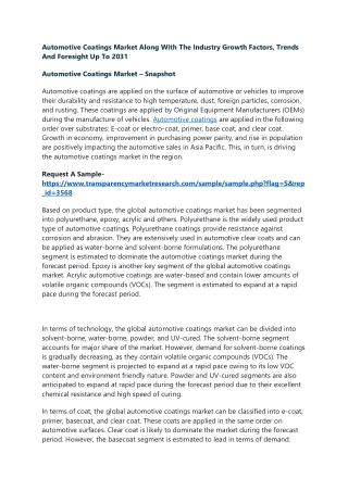Automotive Coatings Market Along With The Industry Growth Factors, Trends And Fo