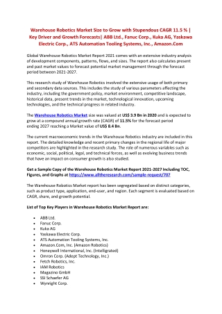 Warehouse Robotics Market Size to Grow with Stupendous CAGR 11.5 %