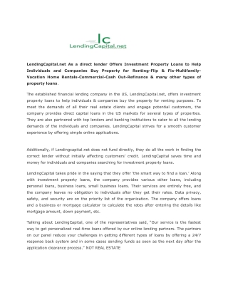 LendingCapital.net As a direct lender Offers Investment Property Loans to Help Individuals and Companies Buy Property fo