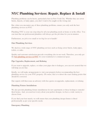 NYC Plumbing Services: Repair, Replace & Install