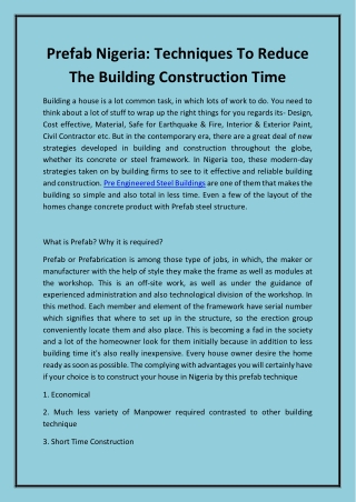 Prefab Nigeria Techniques To Reduce The Building Construction Time