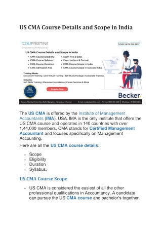 US CMA Course Details and Scope in India
