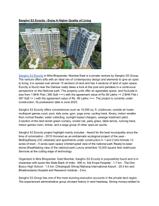 Sanghvi S3 Ecocity - Enjoy A Higher Quality of Living