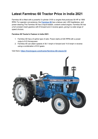 Latest Farmtrac 60 Tractor Price in India 2021