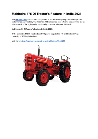 Mahindra 475 DI Tractor's Feature in India 2021