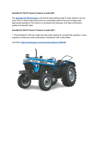 Sonalika DI 750 III Tractor's Feature in India 2021