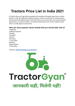 Tractors Price List in India 2021