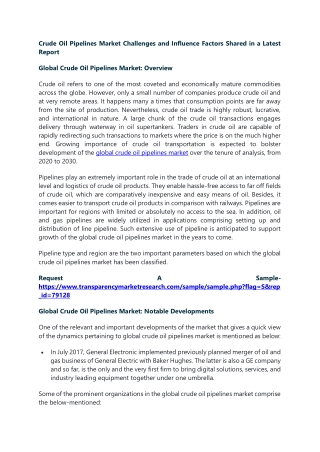 Crude Oil Pipelines Market Challenges and Influence Factors Shared in a Latest R