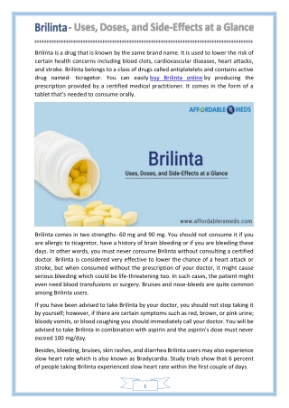 Brilinta - Uses, Doses, and Side-Effects at a Glance